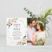 Elegant Blush Floral Gold Geometric Foto Save The Date (Staand voorkant)