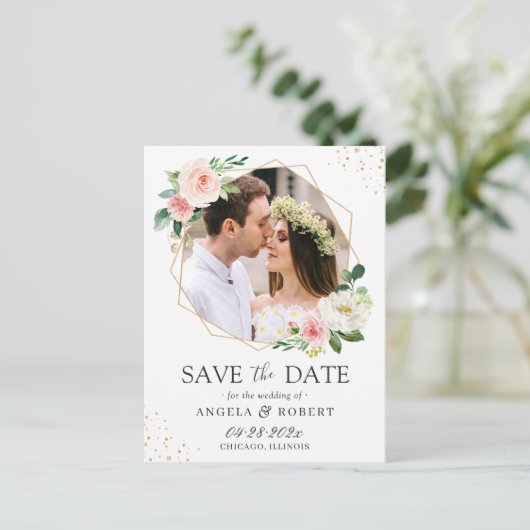 Elegant Blush Floral Gold Geometric Save the Date Briefkaart (Staand voorkant)