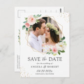 Elegant Blush Floral Gold Geometric Save the Date Briefkaart (Voorkant / Achterkant)