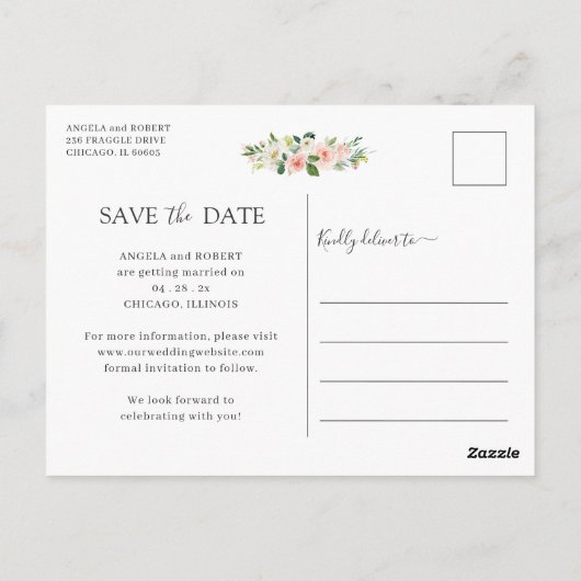 Elegant Blush Floral Gold Geometric Save the Date Briefkaart (Achterkant)