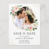 Elegant Blush Floral Gold Geometric Save the Date Briefkaart (Voorkant)