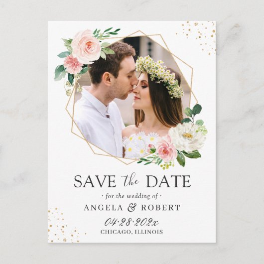Elegant Blush Floral Gold Geometric Save the Date Briefkaart (Voorkant)