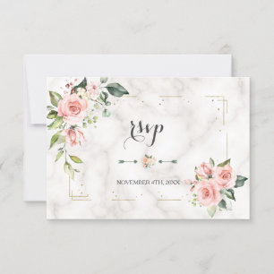 Elegant Blush Floral Gold Glitter Marble Wedding RSVP Kaartje