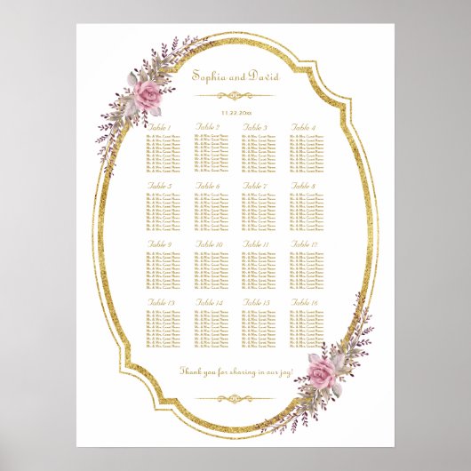 Elegant Blush Floral Gold Lijst Seating Chart Poster (Voorkant)