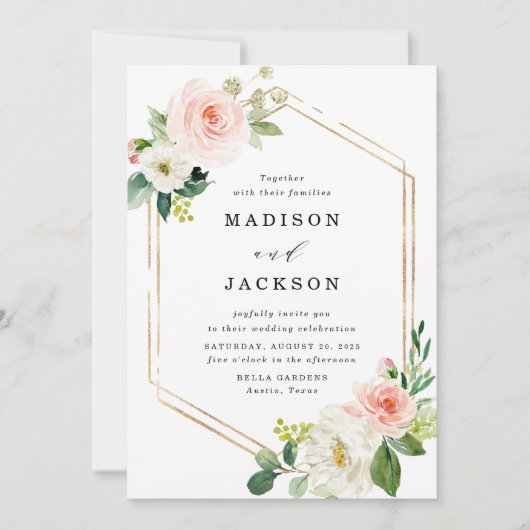 Elegant Blush Floral Gold Lijst Wedding Kaart (Voorkant)