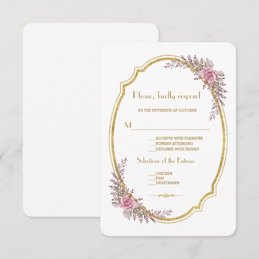 Elegant Blush Floral Gold Lijst Wedding RSVP (Voorkant / Achterkant)