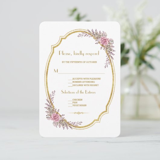 Elegant Blush Floral Gold Lijst Wedding RSVP (Staand voorkant)