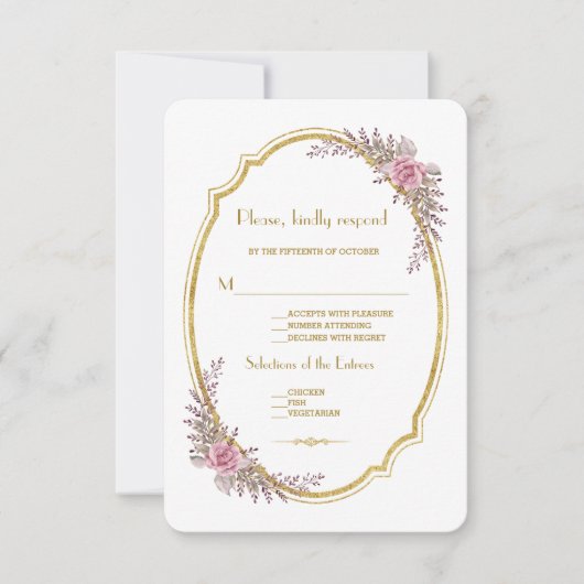 Elegant Blush Floral Gold Lijst Wedding RSVP (Voorkant)