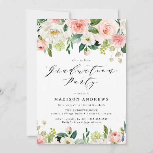Elegant Blush Floral Graduation Party Kaart (Voorkant)