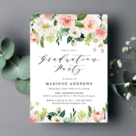 Elegant Blush Floral Graduation Party Kaart