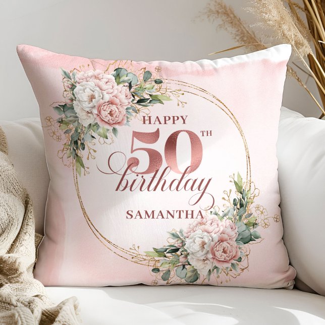 Elegant Blush Floral Greenery 50th Pillow Gift Kussen (Elegant Blush Floral Greenery 50th Pillow Gift)