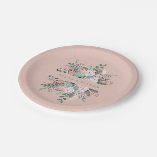 Elegant blush floral greenery bruiloft papieren bordje (Gekanteld)