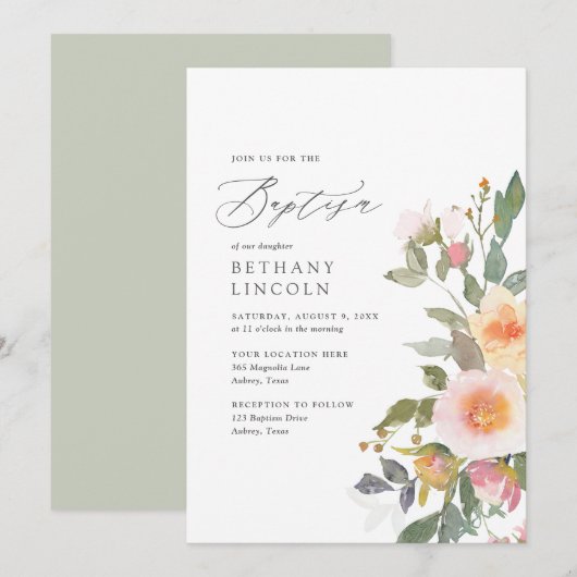 Elegant Blush Floral Greenery Girl Baptisme Kaart (Voorkant / Achterkant)