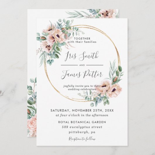 Elegant Blush Floral Greenery Gold Lijst Wedding Kaart (Voorkant / Achterkant)