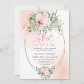 Elegant Blush Floral Greenery Sweet 16 Invitation Kaart (Voorkant)