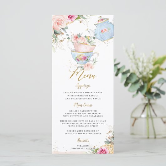 Elegant Blush Floral High Tea Baby shower Menu (Staand voorkant)
