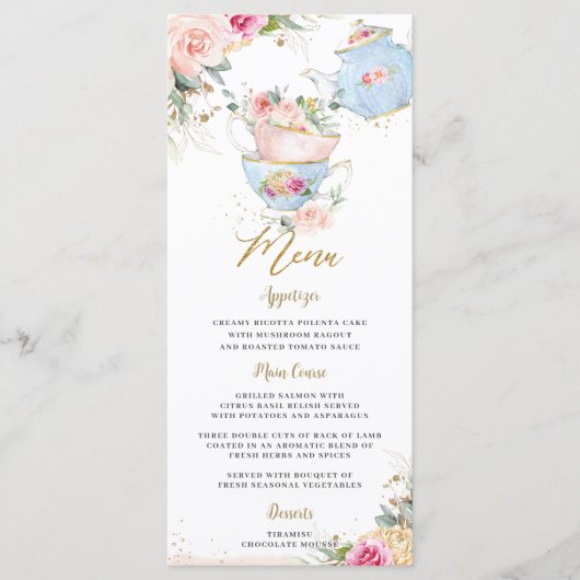 Elegant Blush Floral High Tea Baby shower Menu (Voorkant)