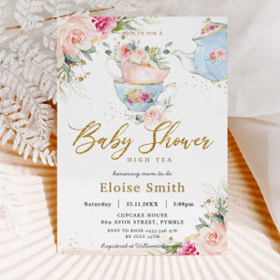 Elegant Blush Floral High Tea Party Baby shower Kaart