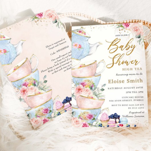 Elegant Blush Floral High Tea Party Baby shower Kaart