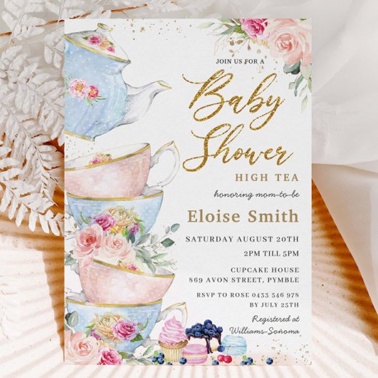 Elegant Blush Floral High Tea Party Baby shower Kaart