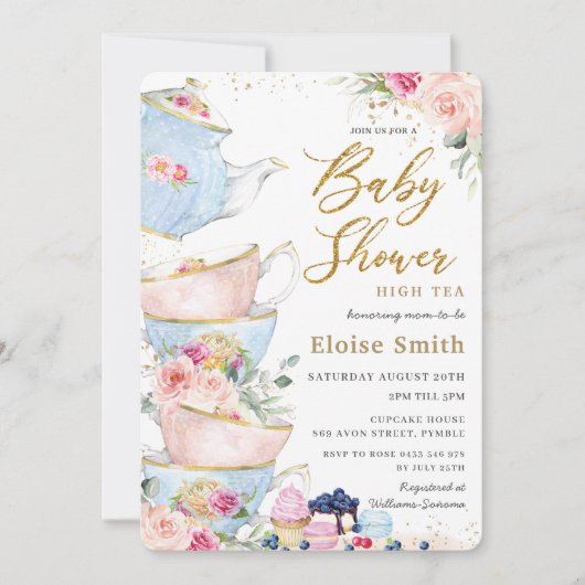 Elegant Blush Floral High Tea Party Baby shower Kaart (Voorkant)