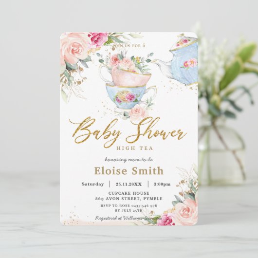 Elegant Blush Floral High Tea Party Baby shower Kaart (Staand voorkant)