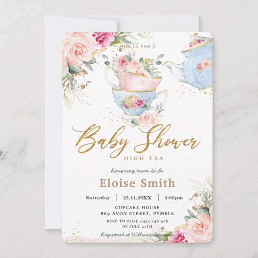 Elegant Blush Floral High Tea Party Baby shower Kaart (Voorkant)