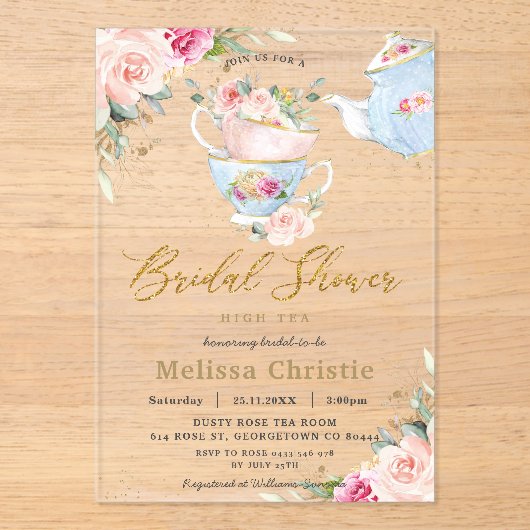 Elegant Blush Floral High Tea Party Vrijgezellenfe Acryl Uitnodigingen (Voorkant)