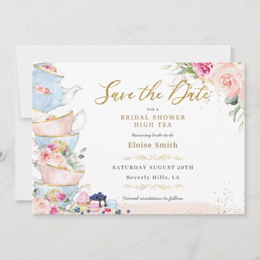 Elegant Blush Floral High Tea Party Vrijgezellenfe Save The Date (Voorkant)
