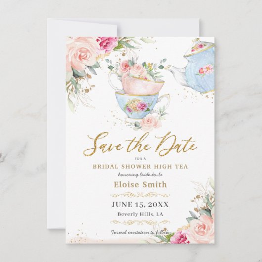Elegant Blush Floral High Tea Party Vrijgezellenfe Save The Date (Voorkant)