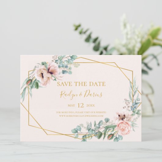 Elegant Blush Floral | Horizontaal deeg Save The Date (Staand voorkant)
