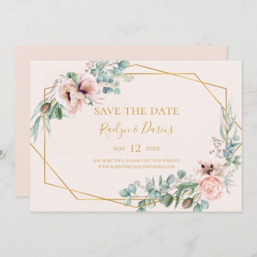 Elegant Blush Floral | Horizontaal deeg Save The Date (Voorkant / Achterkant)