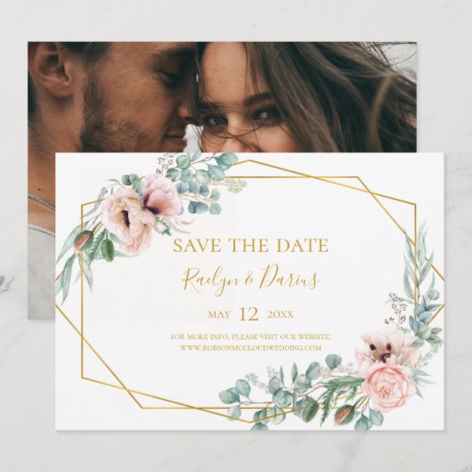 Elegant Blush Floral | Horizontaal foto's opslaan  Save The Date (Voorkant / Achterkant)