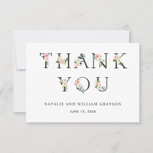Elegant Blush Floral Letters Dank je wel Bedankkaart (Voorkant)