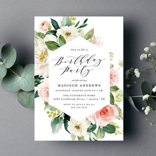 Elegant Blush Floral Lijst Birthday Party Kaart