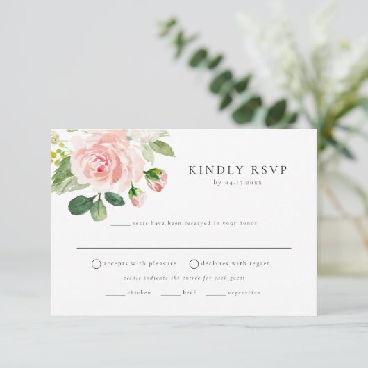 Elegant Blush Floral Meal Choice RSVP Briefkaart (Staand voorkant)