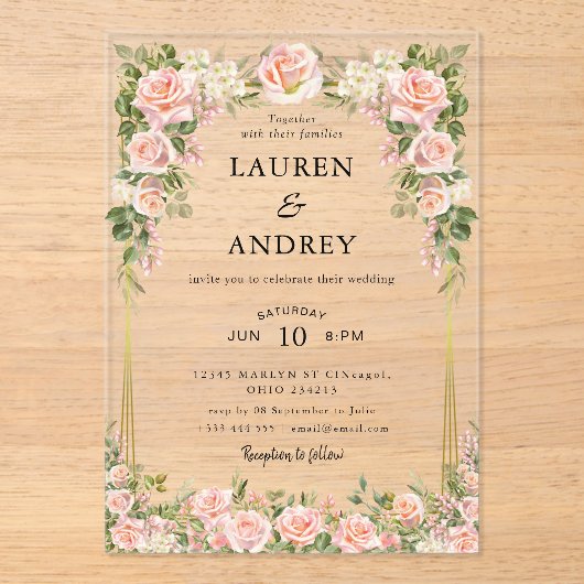 Elegant Blush Floral Modern Wedding Acryl Uitnodigingen (Voorkant)