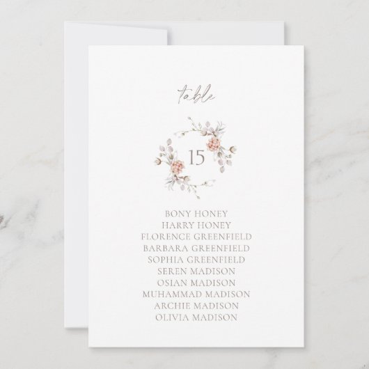 Elegant Blush Floral Monogram Table Seating Card Kaart (Voorkant)