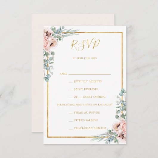 Elegant Blush Floral Pastel Menu Keuze RSVP-kaart (Voorkant / Achterkant)