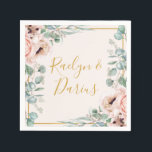 Elegant Blush Floral | Pastel Wedding Napkins Servet<br><div class="desc">Deze elegante bloesbloem | pastelbruiloft luiers zijn perfect voor je boho, roze lente botanische bruiloft. Het ontwerp is voorzien van een lijst met goudfolie dat vergezeld gaat van een eenvoudig waterverf perzikchampagne-roos, een minimalistische groene eucalyptusgroen en een moderne, unieke, neutrale, wilde koraalpapaverbloem. Het ontwerp is een luxe, ideaal voor een...</div>