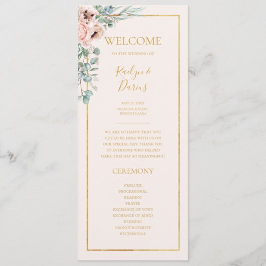Elegant Blush Floral | Pastel Wedding Programme Programmakaart (Voorkant)