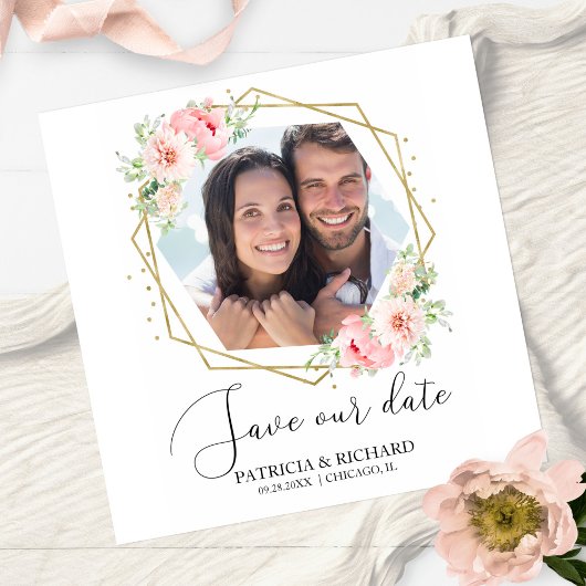 Elegant Blush Floral Photo Wedding Save the Date