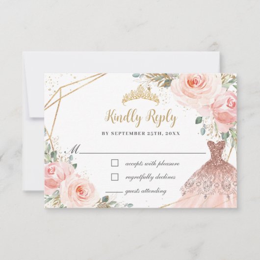 Elegant Blush Floral Princess Gown Quinceañera RSVP Kaartje (Voorkant)