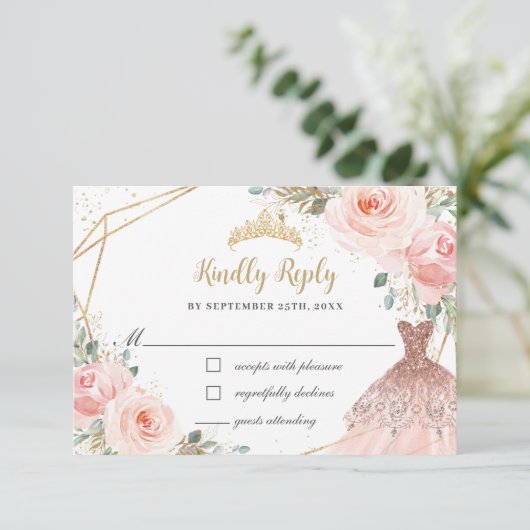 Elegant Blush Floral Princess Gown Quinceañera RSVP Kaartje (Staand voorkant)