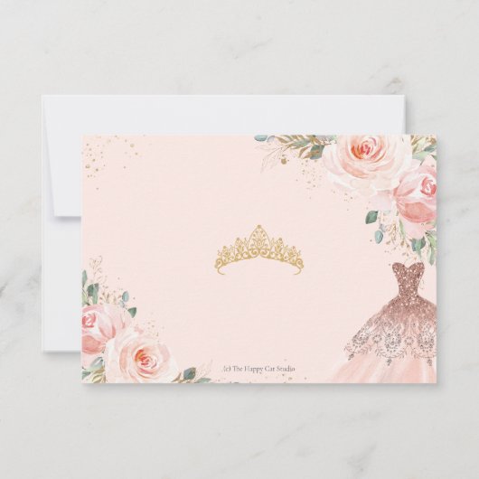 Elegant Blush Floral Princess Gown Quinceañera RSVP Kaartje (Achterkant)