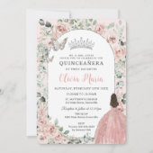 Elegant Blush Floral Princess Silver Quinceañera Kaart (Voorkant)