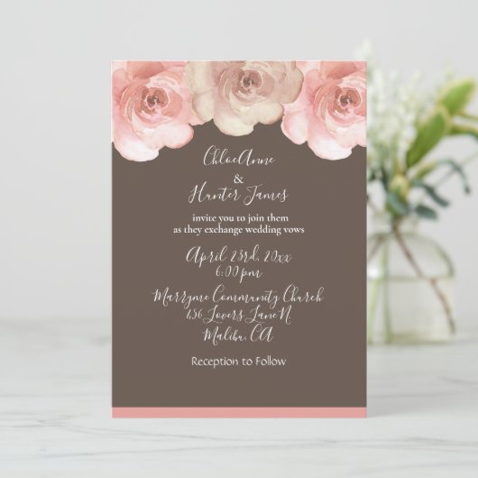 Elegant Blush Floral Roos Brown Simple Wedding Kaart (Staand voorkant)