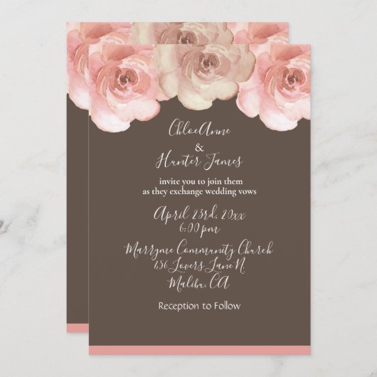 Elegant Blush Floral Roos Brown Simple Wedding Kaart (Voorkant / Achterkant)