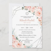 Elegant Blush Floral Rozen Silver Bat Mitzvah Kaart (Voorkant)