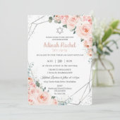 Elegant Blush Floral Rozen Silver Bat Mitzvah Kaart (Staand voorkant)